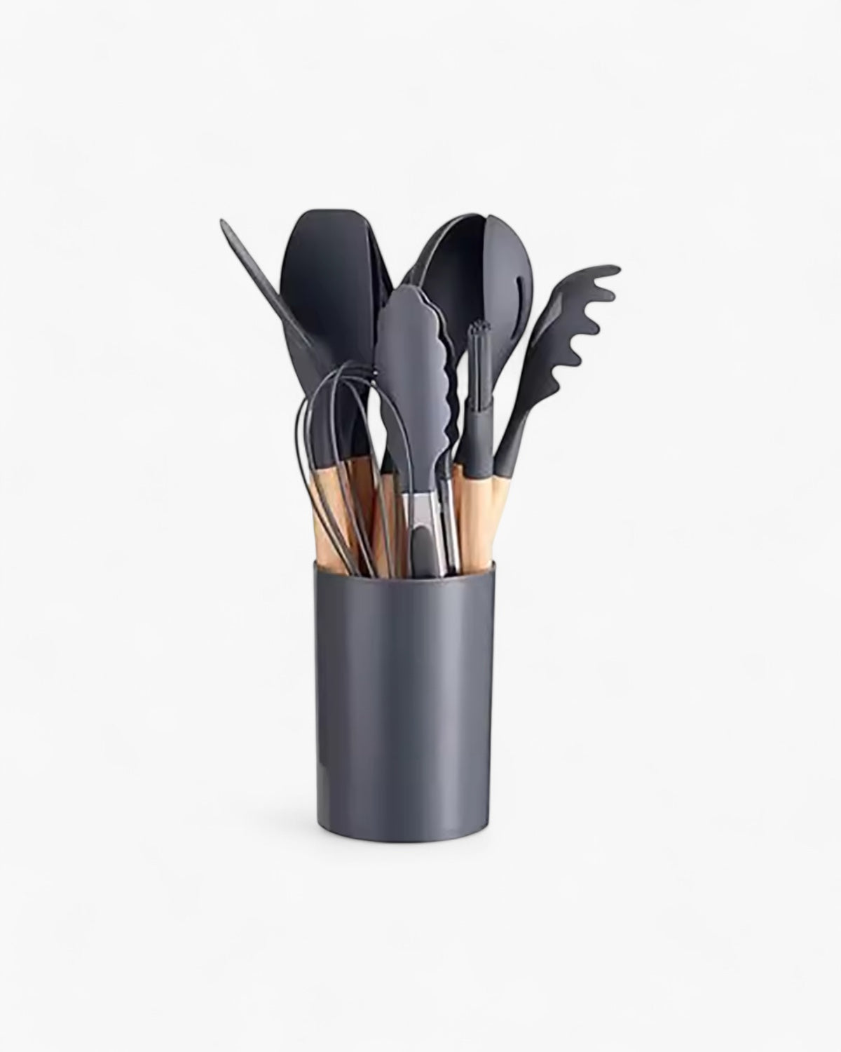 Set di utensili da cucina in silicone ecologico con manici in bambù