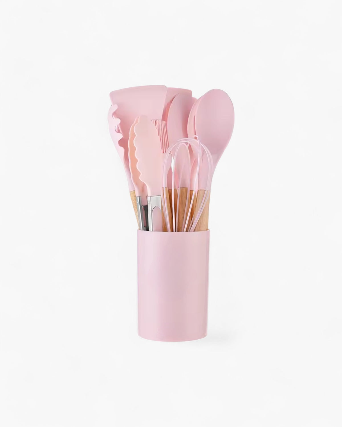 Set di utensili da cucina in silicone ecologico con manici in bambù