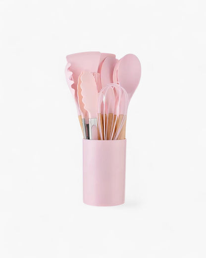Set di utensili da cucina in silicone ecologico con manici in bambù