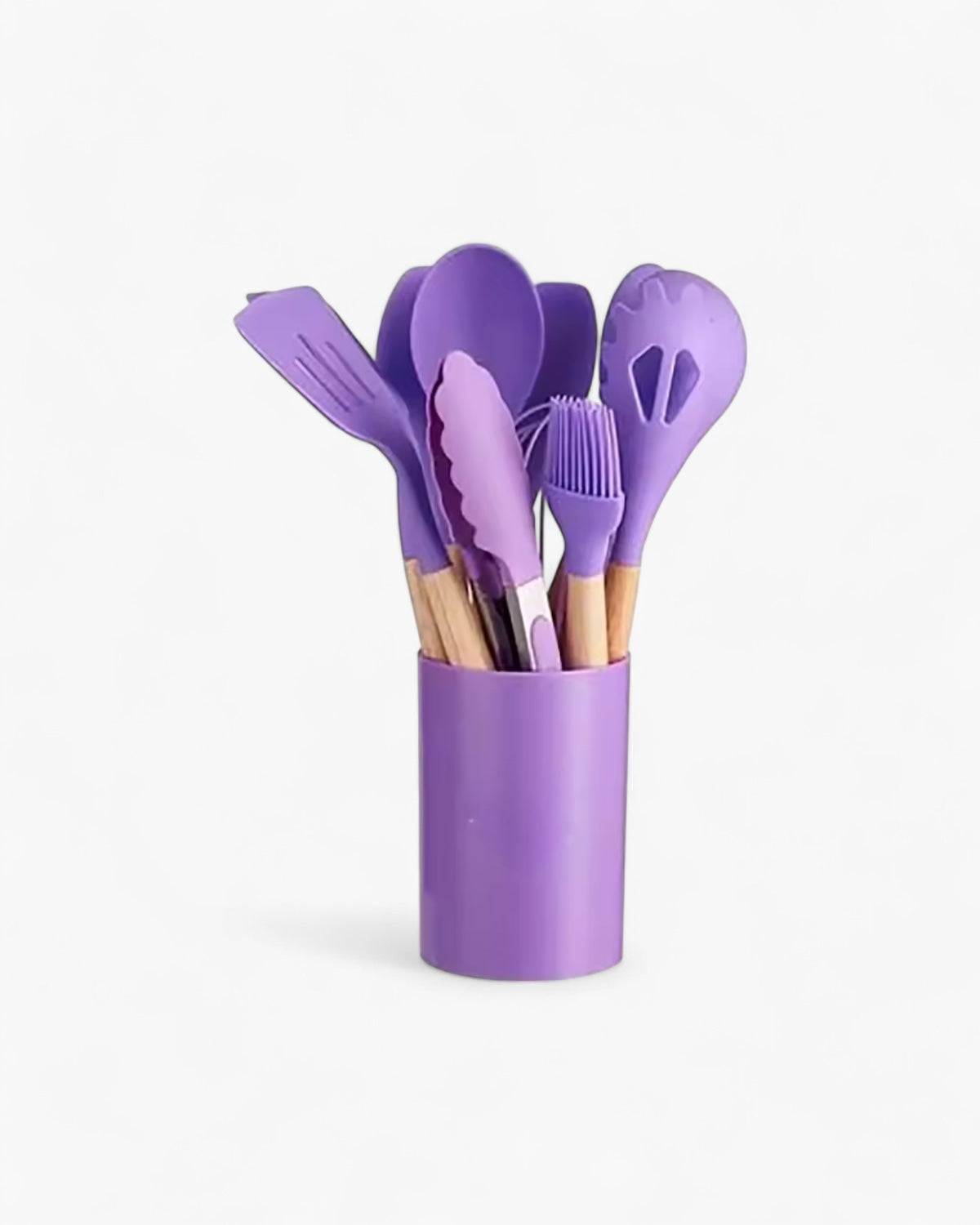 Set di utensili da cucina in silicone ecologico con manici in bambù