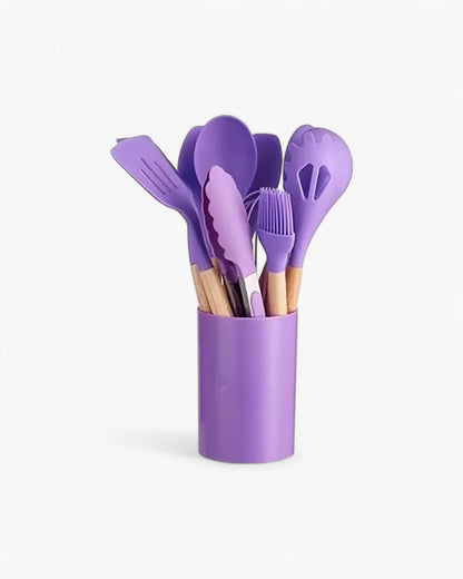 Set di utensili da cucina in silicone ecologico con manici in bambù