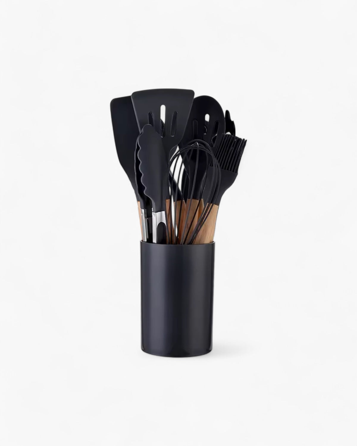 Set di utensili da cucina in silicone ecologico con manici in bambù