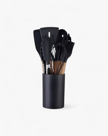 Set di utensili da cucina in silicone ecologico con manici in bambù